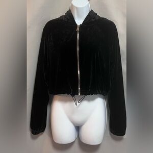 Forever 21 Womens Cropped Jacket Velvet Full Zip Hoodie ‎ Black Sz Small